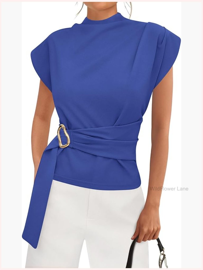 Cap Sleeve Mock Neck Blouse Tunic With Gold Buckle Zip Back Work Top